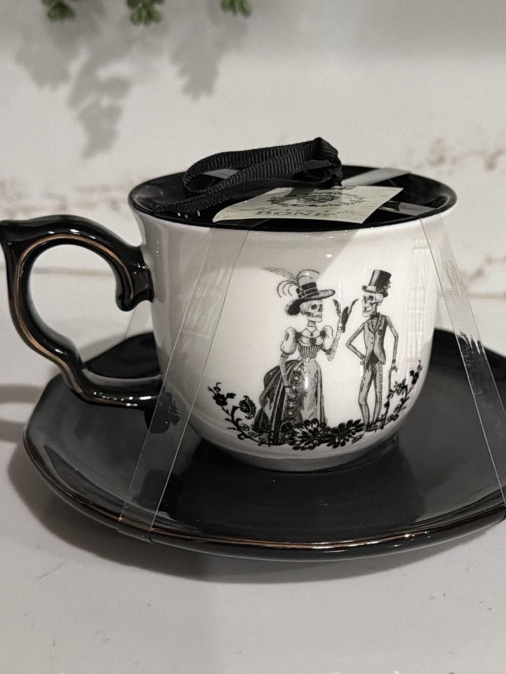 Potter's Studio Halloween Victorian Skeleton Couple Tea Cup & Saucer Set